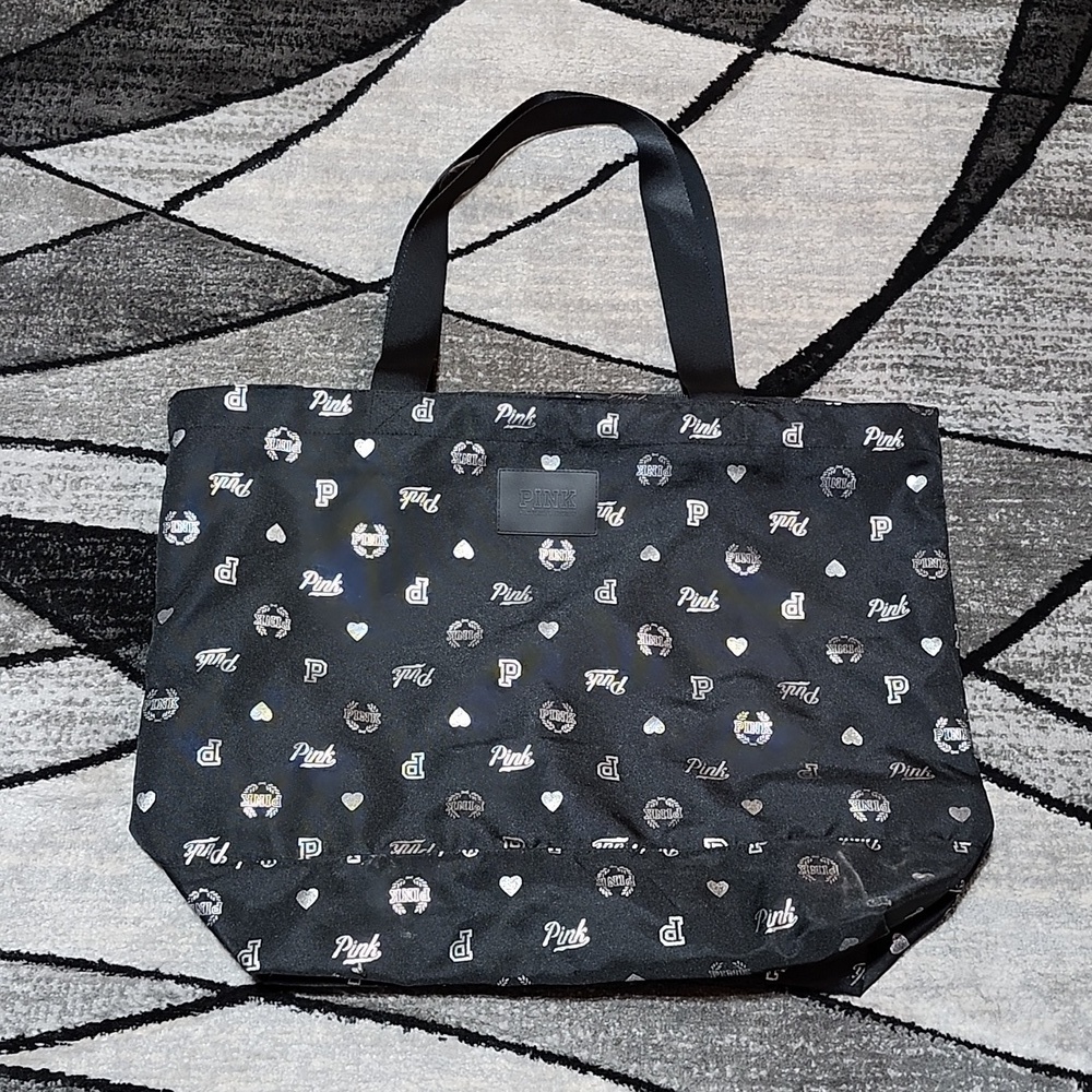 VICTORIA SECRET PINK 2019 BLACK & SILVER SHINE MONOGRAM LOGO TRAVEL WEEKENDERBAG